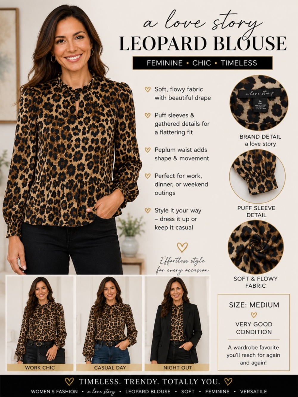 A Love Story Leopard Print Sheer Tie-Back Blouse Size Medium